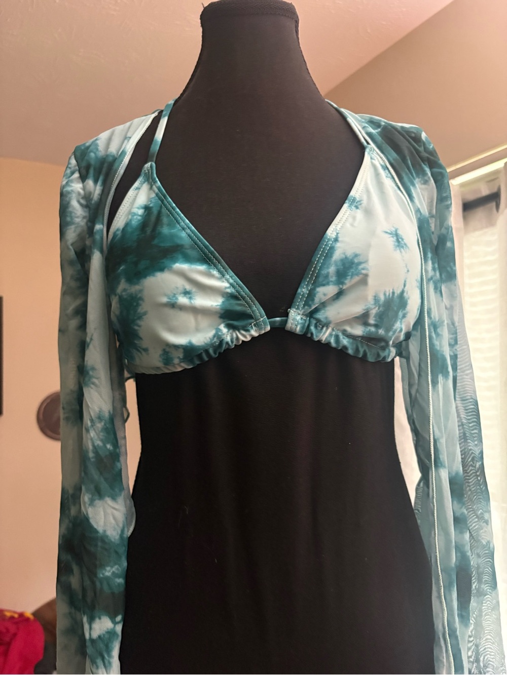 Tie-Front Sheer Swim Crop Top in Teal Tie-Dye - Picture 2 of 5